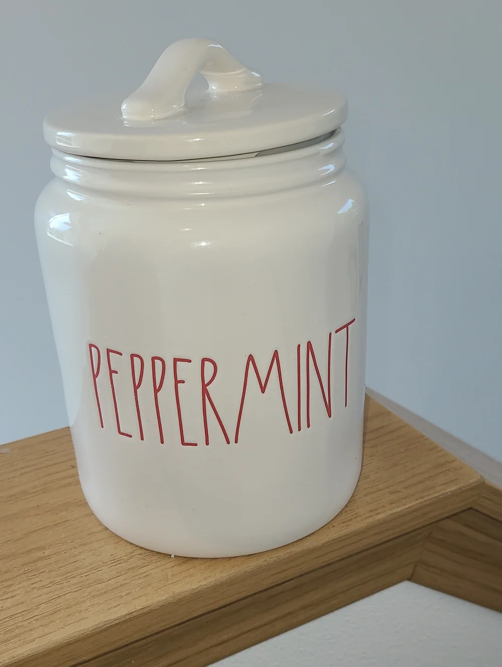 Rae Dunn White Ceramic Peppermint Canister with Red Script